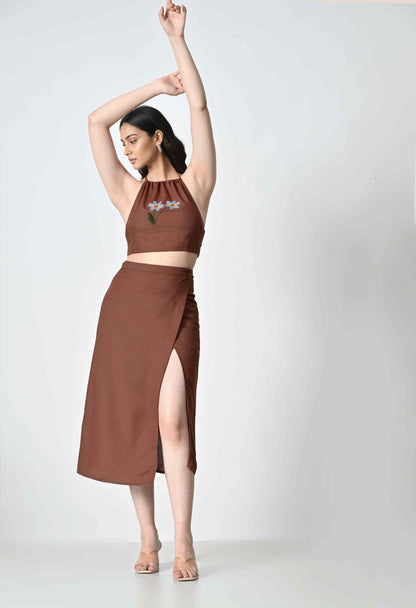 Dark Brown Linen Co-ord Set with Floral Embroidered Top