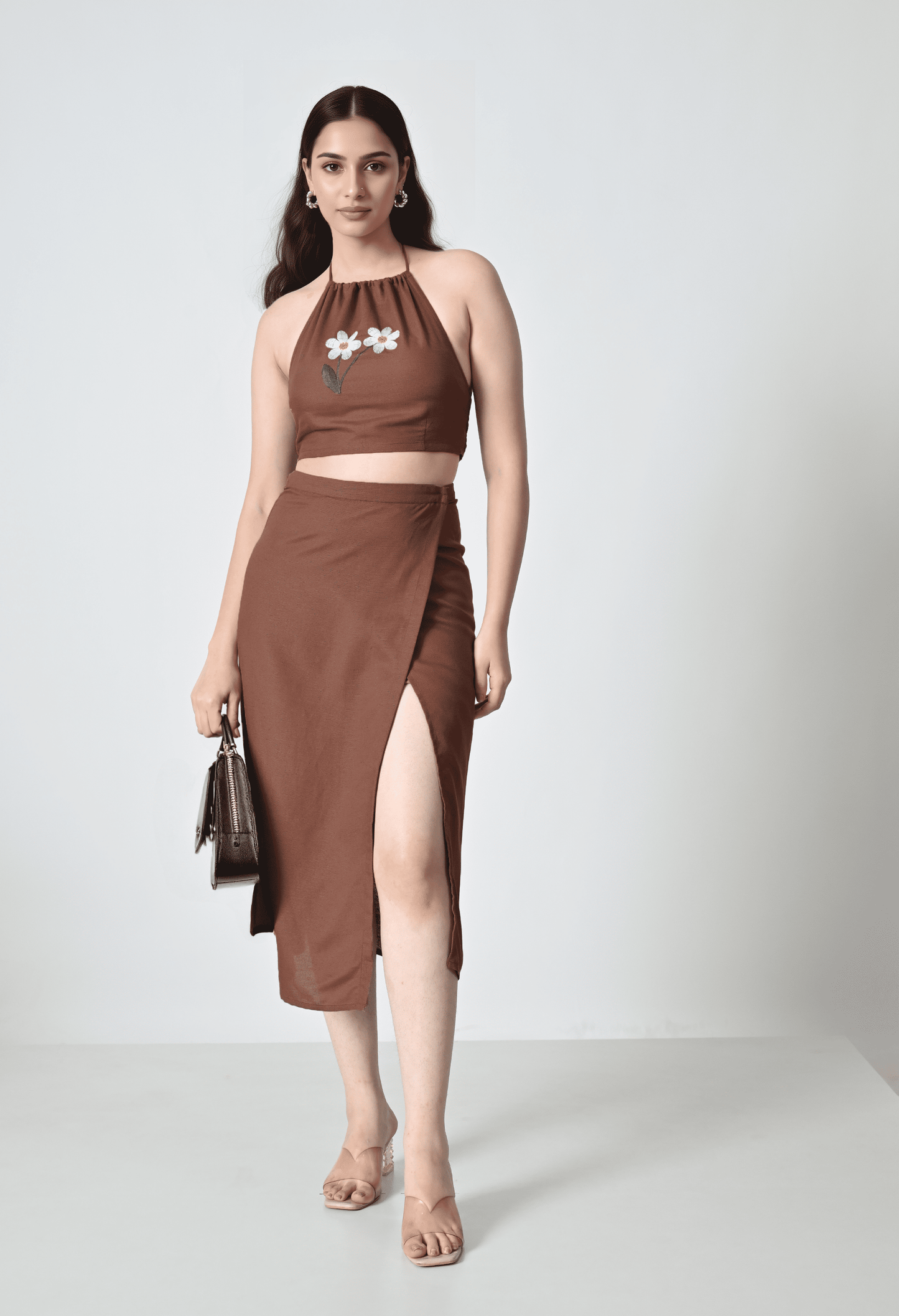 Dark Brown Linen Co-ord Set with Floral Embroidered Top