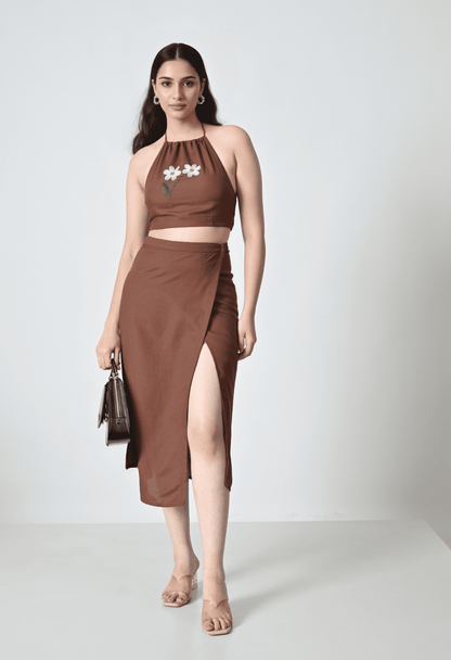 Dark Brown Linen Co-ord Set with Floral Embroidered Top