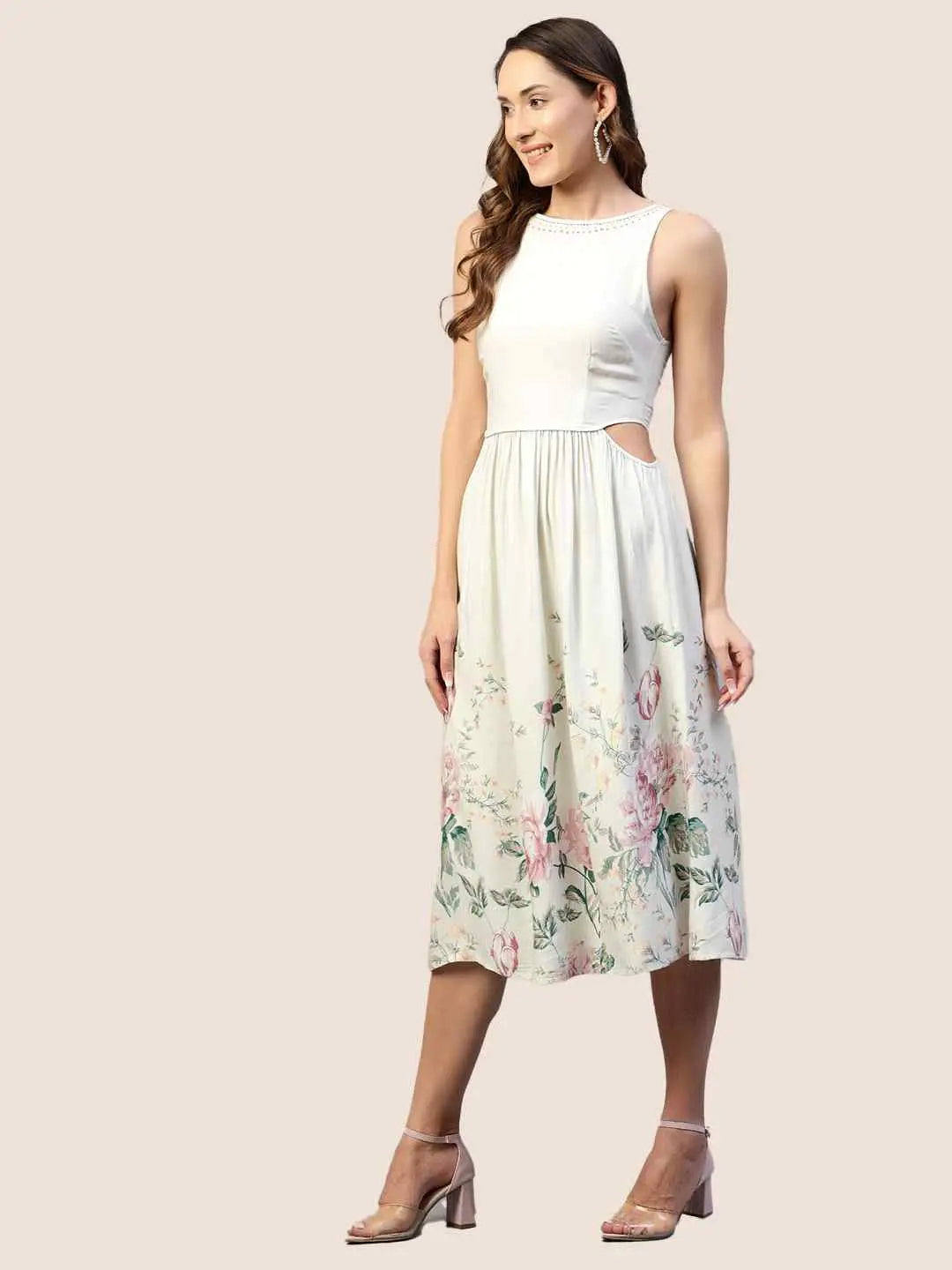 Floral Printed Rayon Twill Waist Cutout Dress hencemade