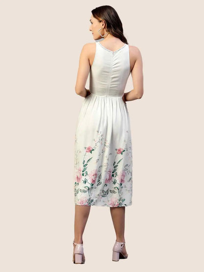 Floral Printed Rayon Twill Waist Cutout Dress hencemade