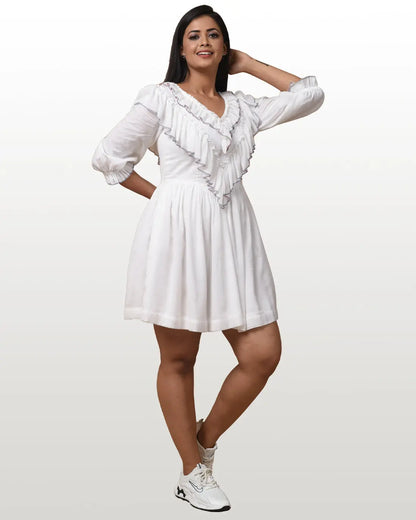 Premium White Cotton Twill V-Neck Dress HENCEMADE