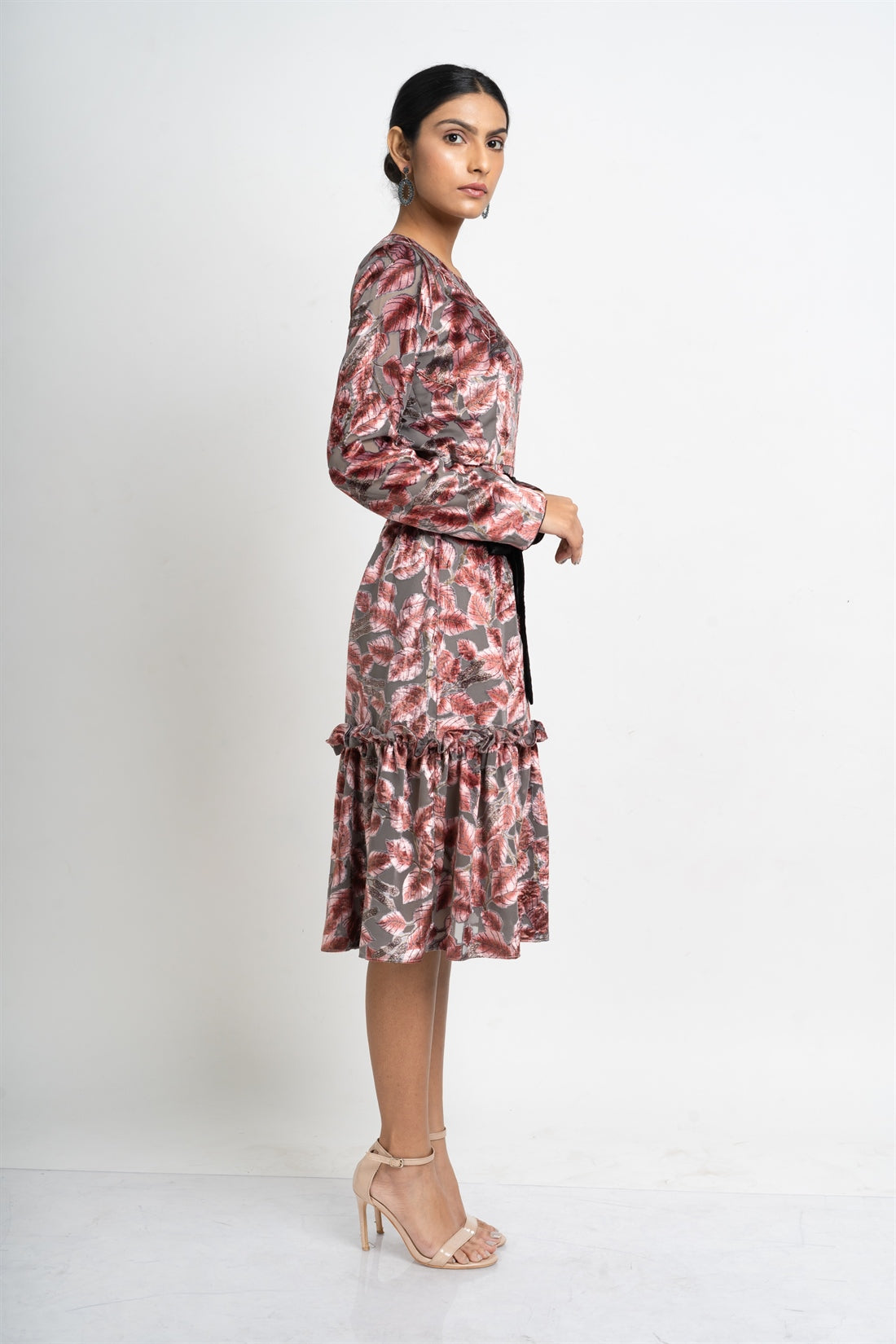 Floral Grey Ruffled Velvet Dress hencemade