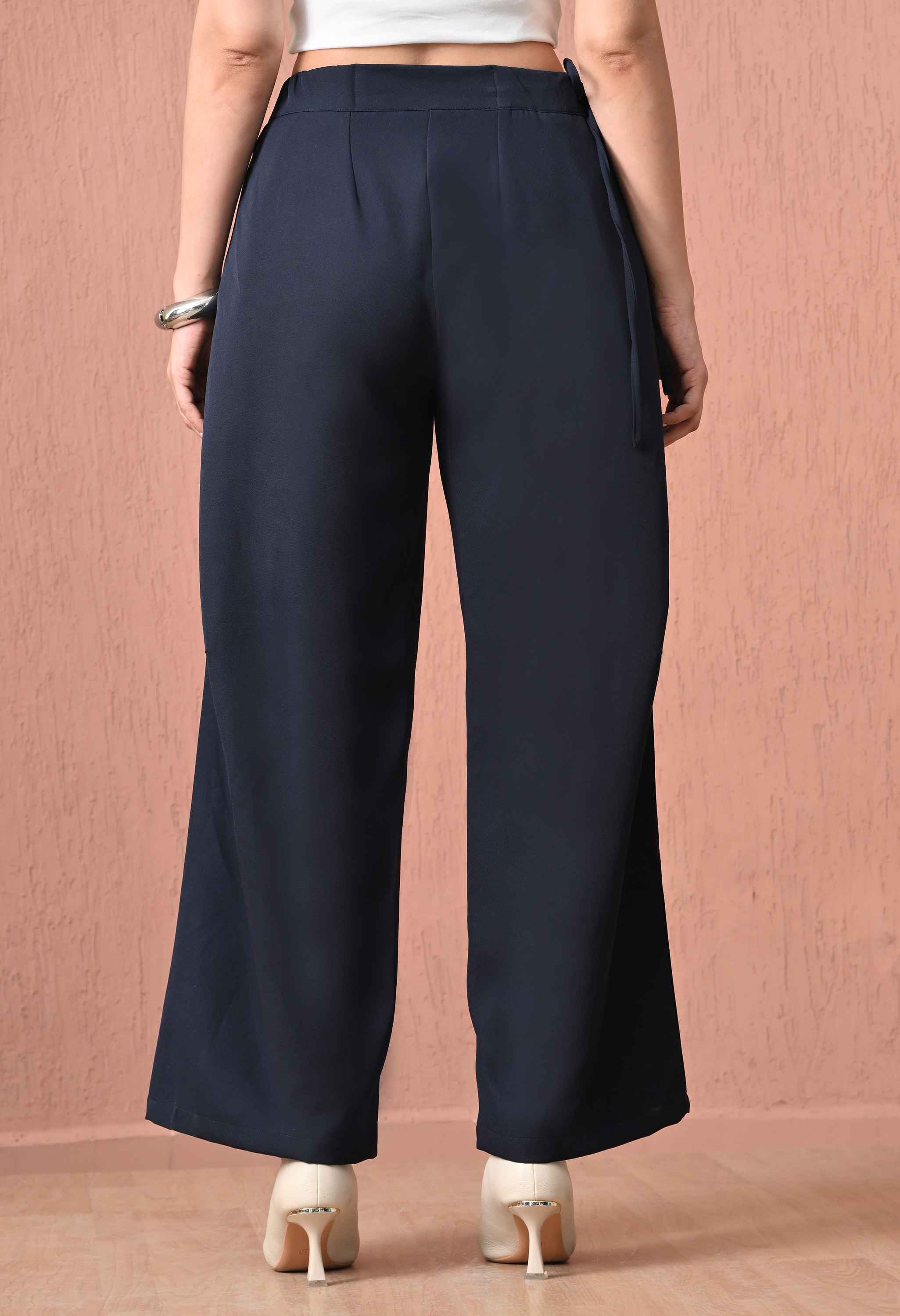 Midnight Navy Tie-Side Barrel-Leg Trousers