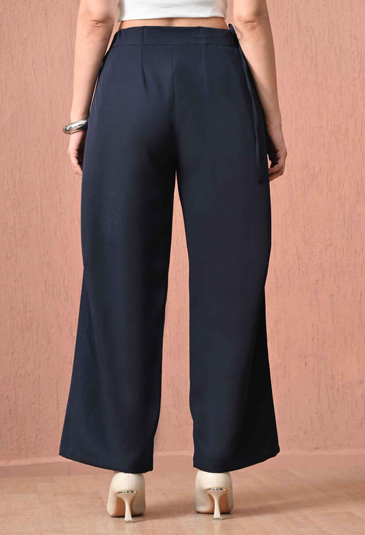 Midnight Navy Tie-Side Barrel-Leg Trousers