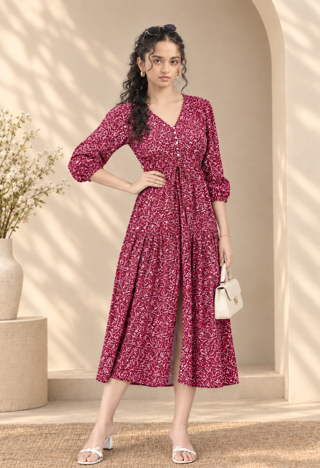 Wine Floral V-Neck Maxi Dress with Tie Waist