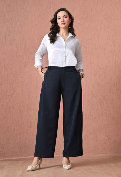 Midnight Navy Tie-Side Barrel-Leg Trousers