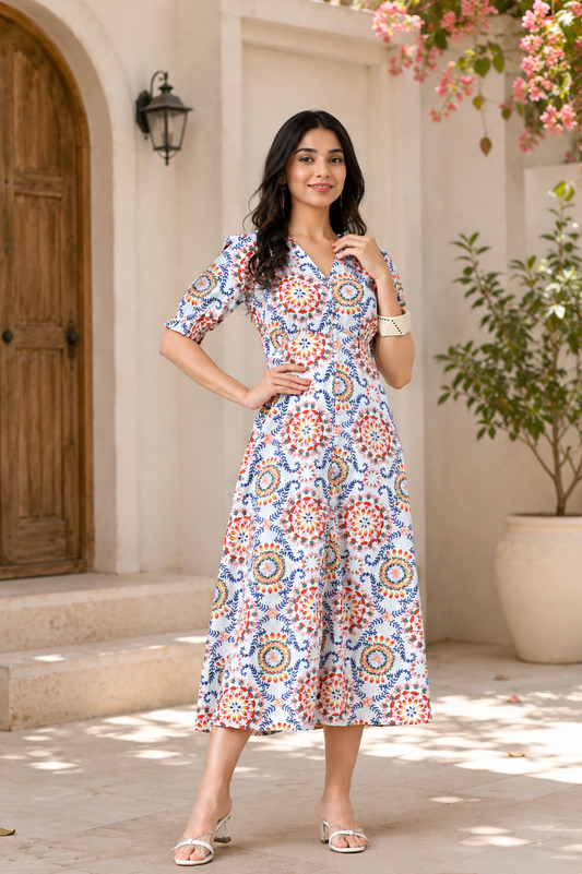 White Multicoloured Cotton Poplin Midi Dress