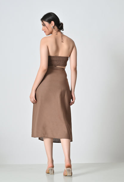 Brown Linen Co-ord Set with Floral Embroidered Top
