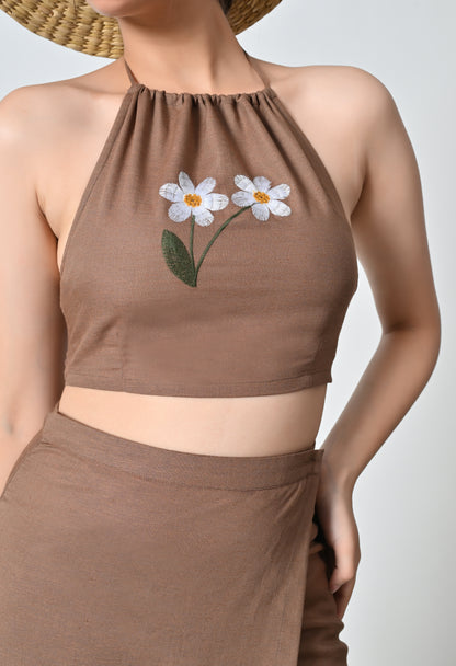 Brown Linen Co-ord Set with Floral Embroidered Top