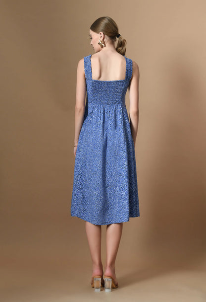 Blue Animal Print A-Line Dress | Sweetheart Neckline, Shirred Back HENCEMADE