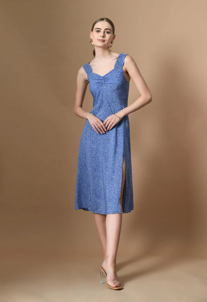 Blue Animal Print A-Line Dress | Sweetheart Neckline, Shirred Back HENCEMADE