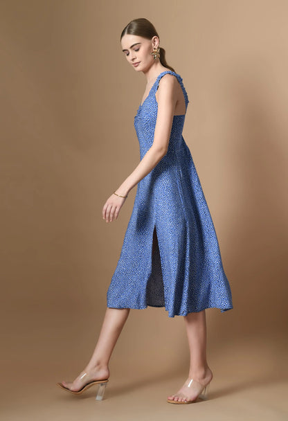 Blue Animal Print A-Line Dress | Sweetheart Neckline, Shirred Back HENCEMADE