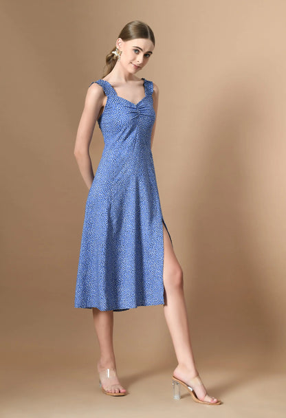 Blue Animal Print A-Line Dress | Sweetheart Neckline, Shirred Back HENCEMADE