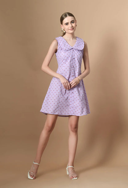 Purple Printed Scalloped Edge Collar Midi Dress HENCEMADE