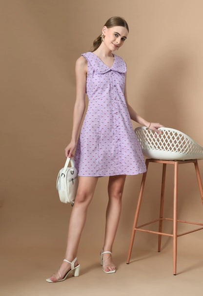 Purple Printed Scalloped Edge Collar Midi Dress HENCEMADE