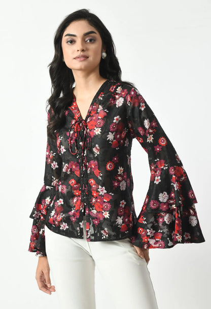 Black Printed Front-eyelet Top hencemade