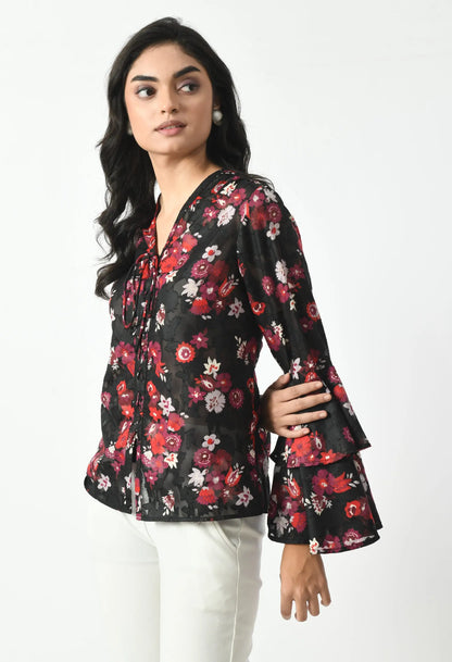 Black Printed Front-eyelet Top hencemade