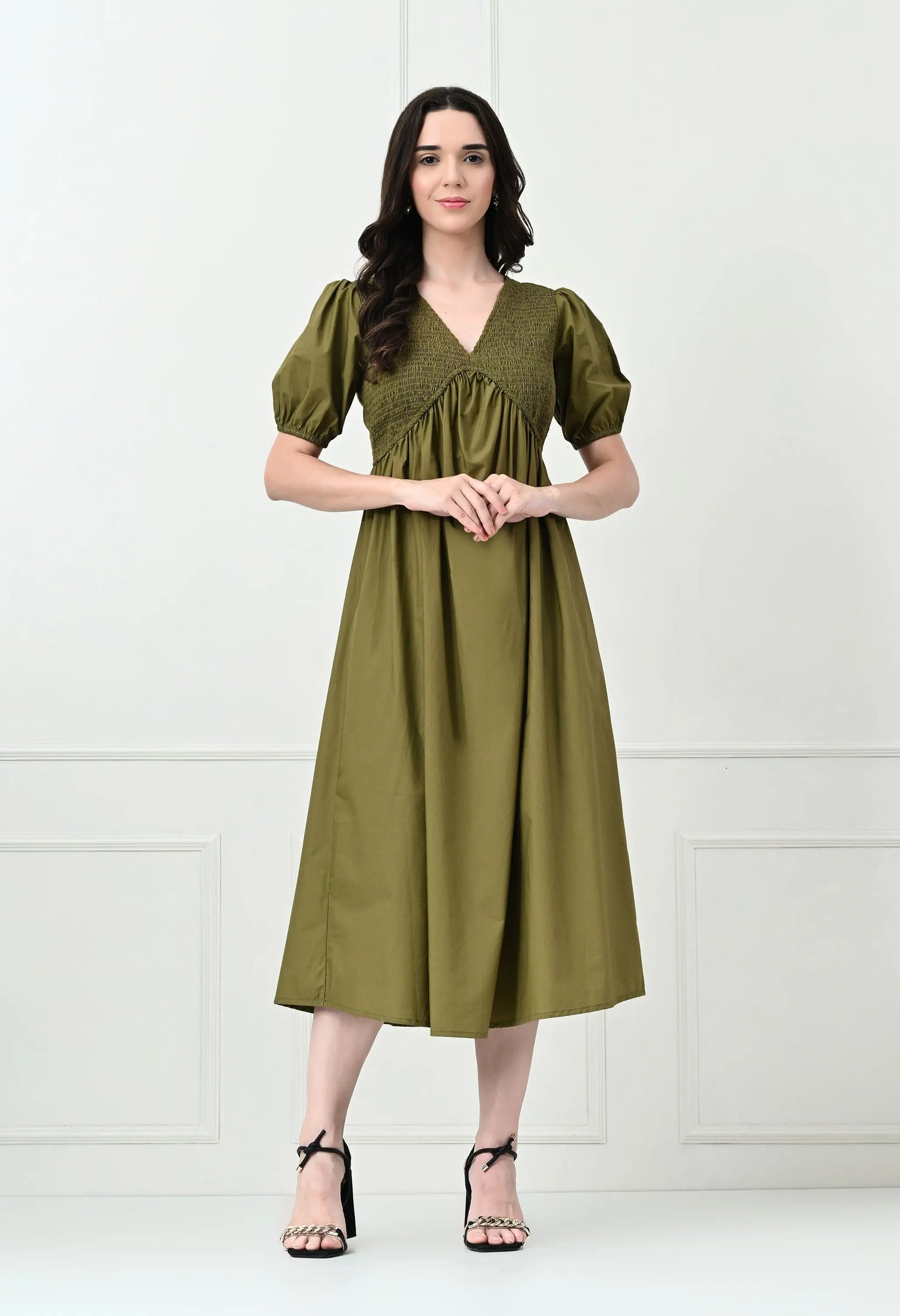 Khaki Shirred V-Neck Midi Dress HENCEMADE