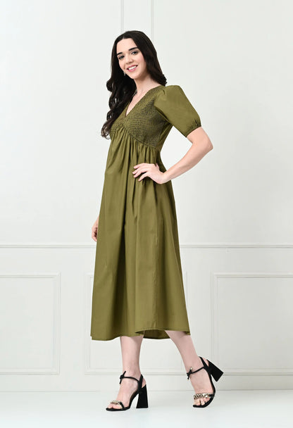 Khaki Shirred V-Neck Midi Dress HENCEMADE