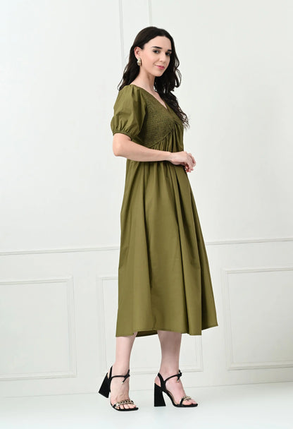 Khaki Shirred V-Neck Midi Dress HENCEMADE