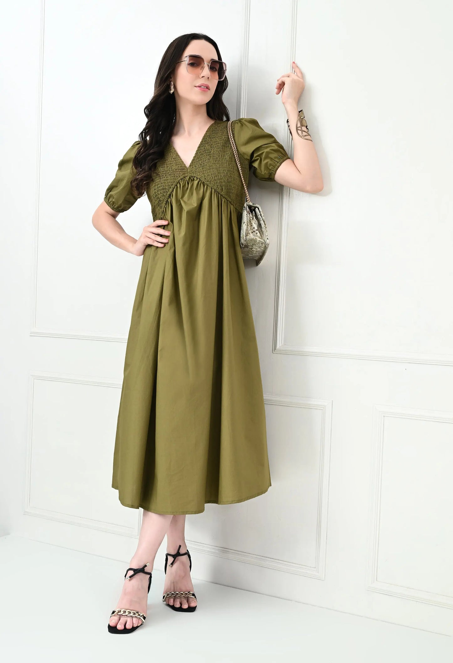 Khaki Shirred V-Neck Midi Dress HENCEMADE