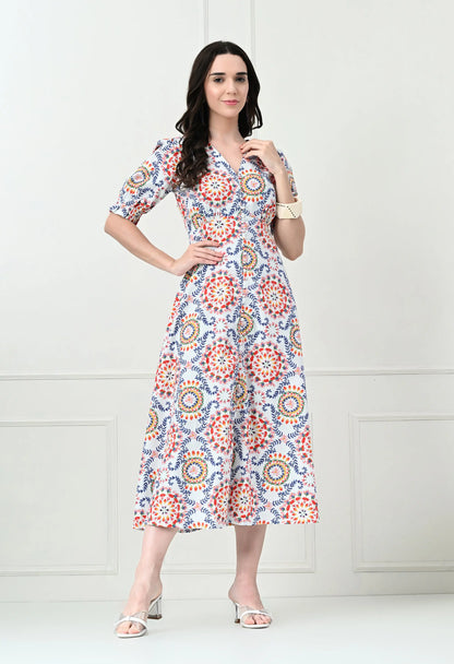 White Multicoloured Cotton Poplin Midi Dress HENCEMADE