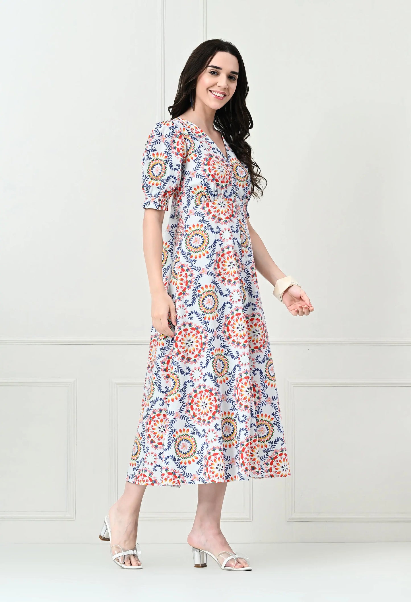 White Multicoloured Cotton Poplin Midi Dress HENCEMADE