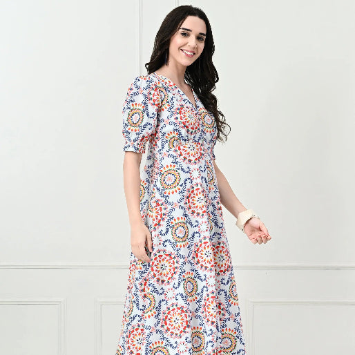 Woman wearing a patterned dress against a white background