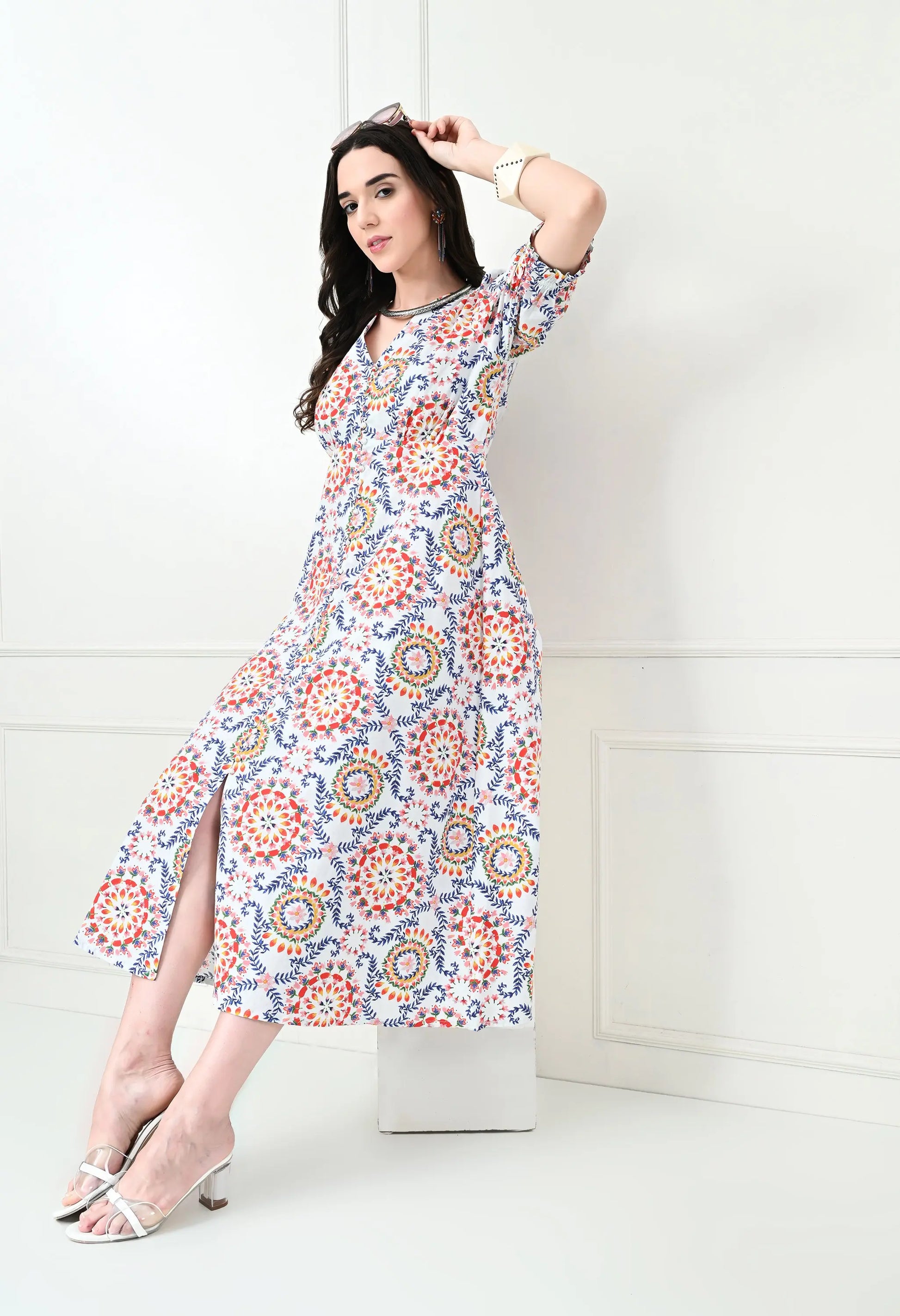 White Multicoloured Cotton Poplin Midi Dress HENCEMADE