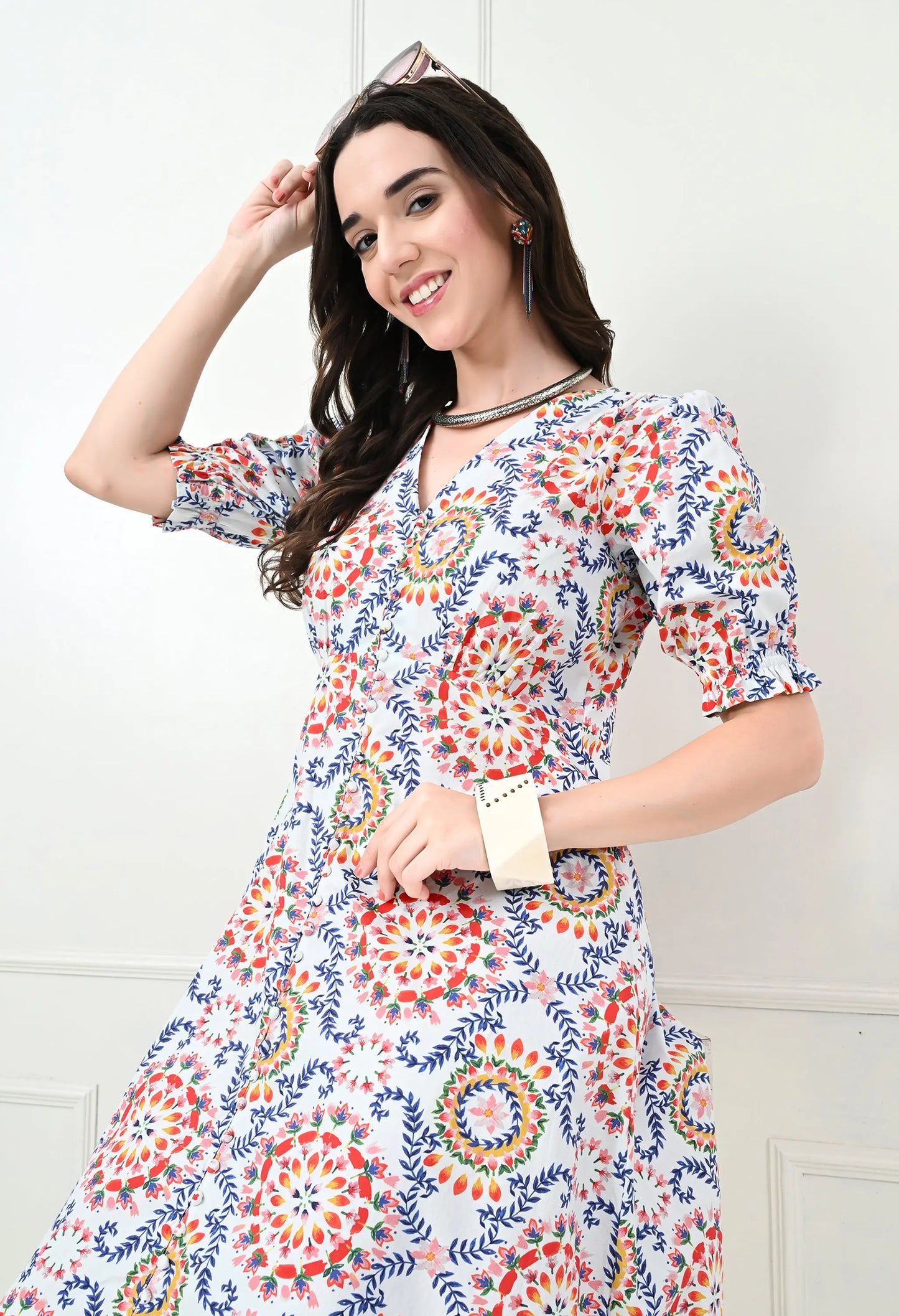 White Multicoloured Cotton Poplin Midi Dress HENCEMADE