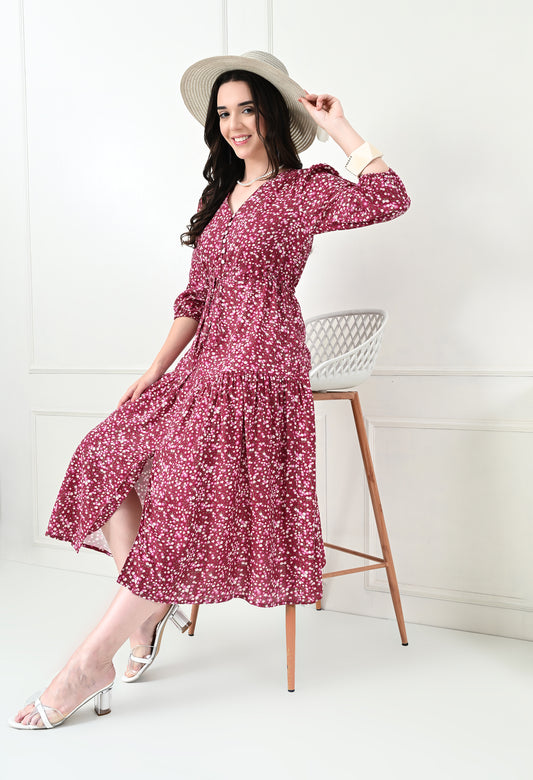 Wine Floral V-Neck Maxi Dress with Tie Waist HENCEMADE