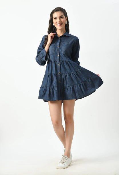 Smocked Denim Button Down Dress - Collared V-Neck, Ruffle Cuffs hencemade