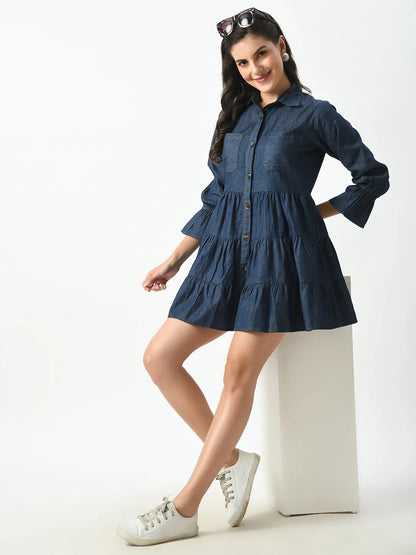 Smocked Denim Button Down Dress - Collared V-Neck, Ruffle Cuffs hencemade