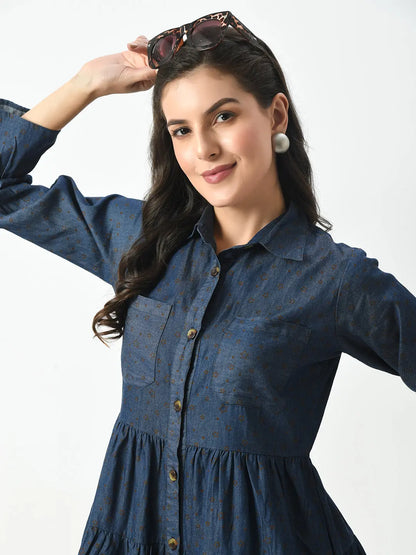 Smocked Denim Button Down Dress - Collared V-Neck, Ruffle Cuffs hencemade