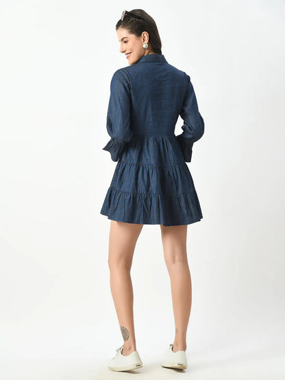 Smocked Denim Button Down Dress - Collared V-Neck, Ruffle Cuffs hencemade