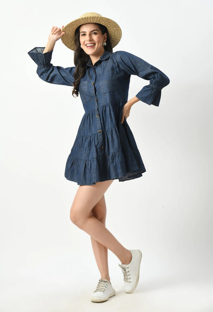 Smocked Denim Button Down Dress - Collared V-Neck, Ruffle Cuffs hencemade