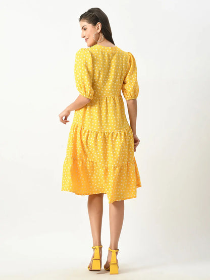 Yellow Midi Dress with Keyhole Neck & Elasticized Sleeves hencemade