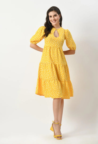 Yellow Midi Dress with Keyhole Neck & Elasticized Sleeves hencemade