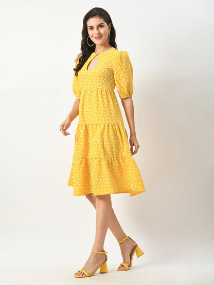 Yellow Midi Dress with Keyhole Neck & Elasticized Sleeves hencemade