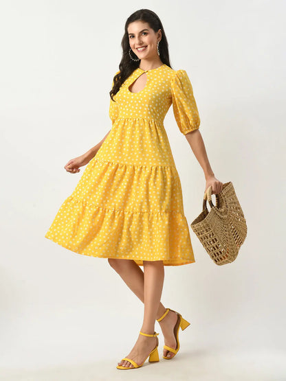 Yellow Midi Dress with Keyhole Neck & Elasticized Sleeves hencemade