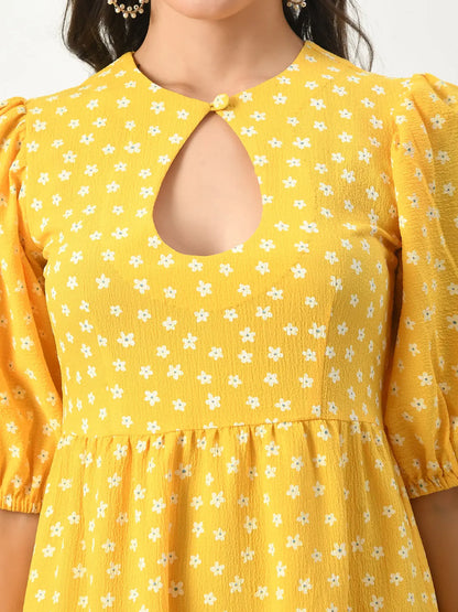 Yellow Midi Dress with Keyhole Neck & Elasticized Sleeves hencemade