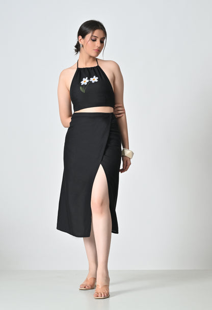 Black Linen Co-ord Set with Floral Embroidered Top