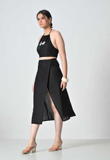 Black Linen Co-ord Set with Floral Embroidered Top