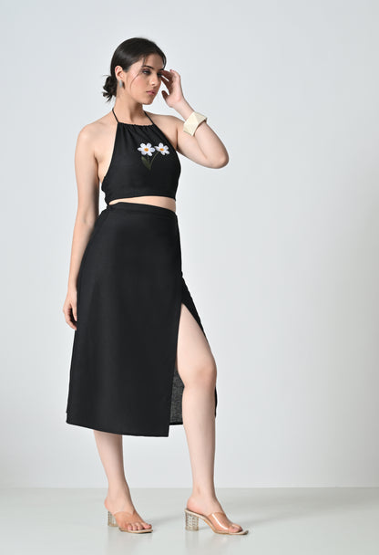 Black Linen Co-ord Set with Floral Embroidered Top