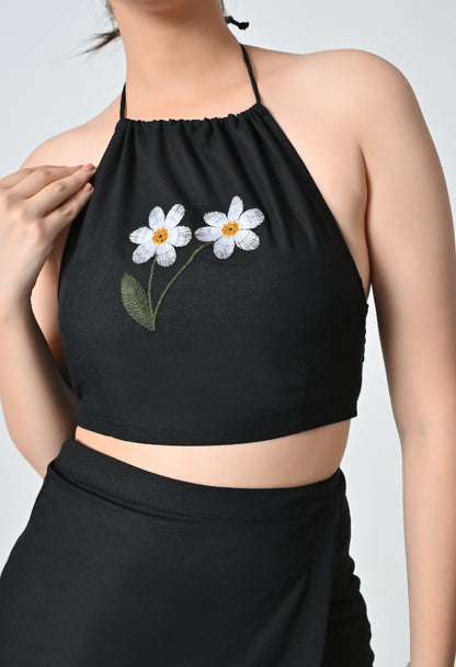 Black Linen Co-ord Set with Floral Embroidered Top
