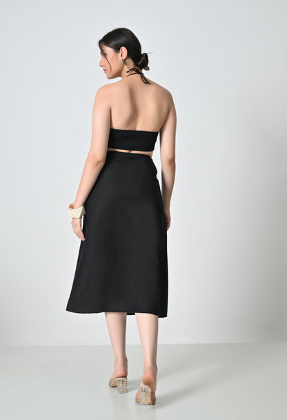 Black Linen Co-ord Set with Floral Embroidered Top