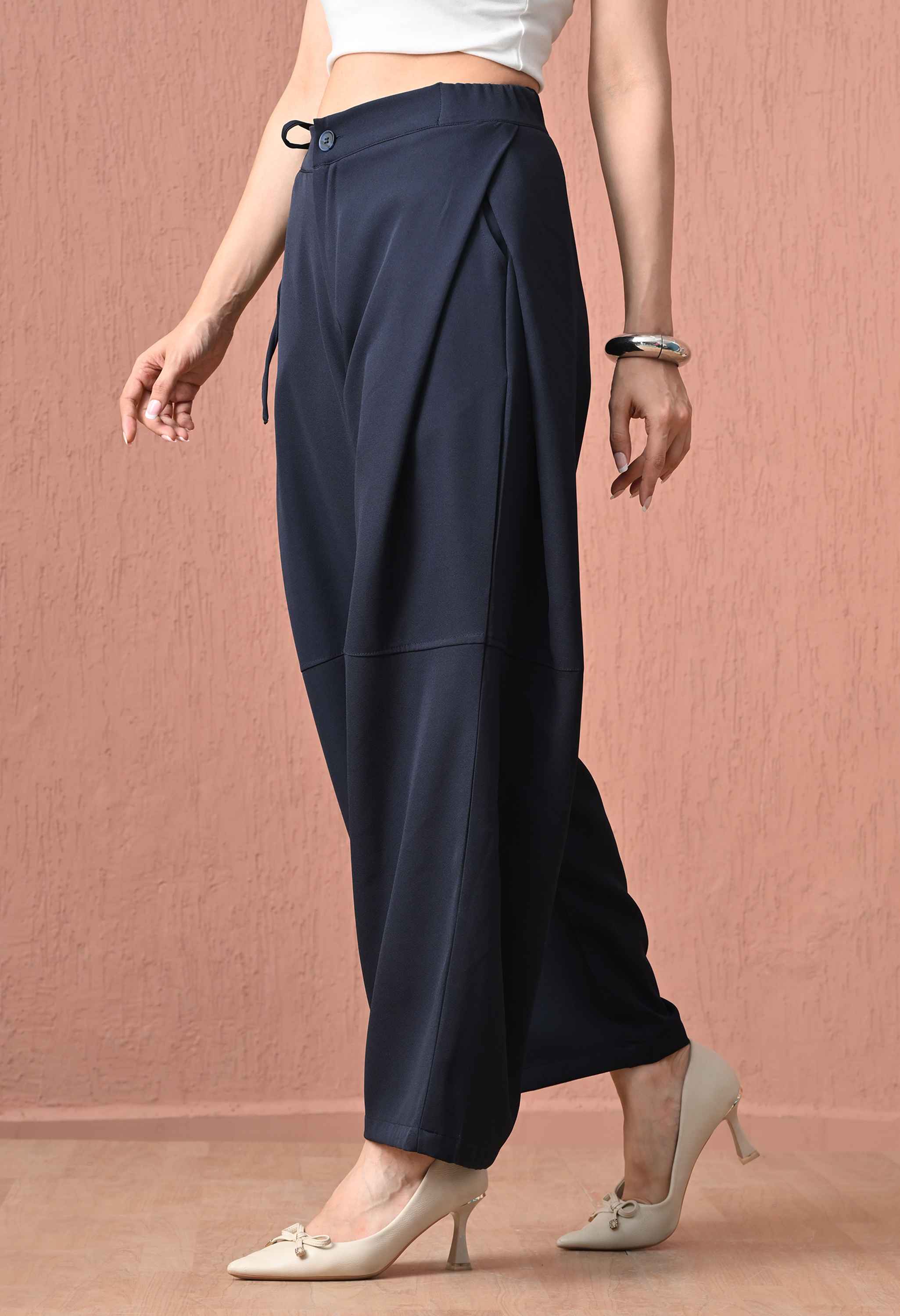 Midnight Navy Tie-Side Barrel-Leg Trousers