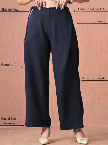 Midnight Navy Tie-Side Barrel-Leg Trousers
