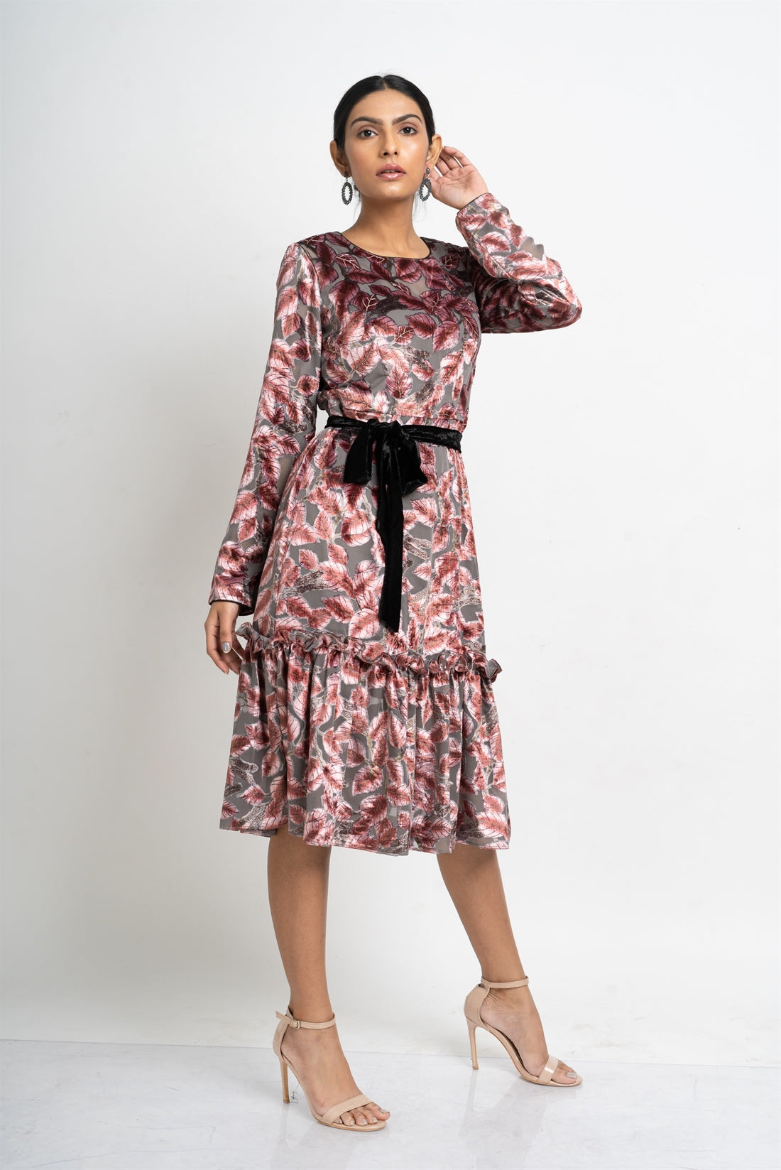 Floral Grey Ruffled Velvet Dress hencemade